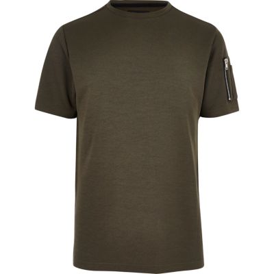 Khaki zip sleeve T-shirt